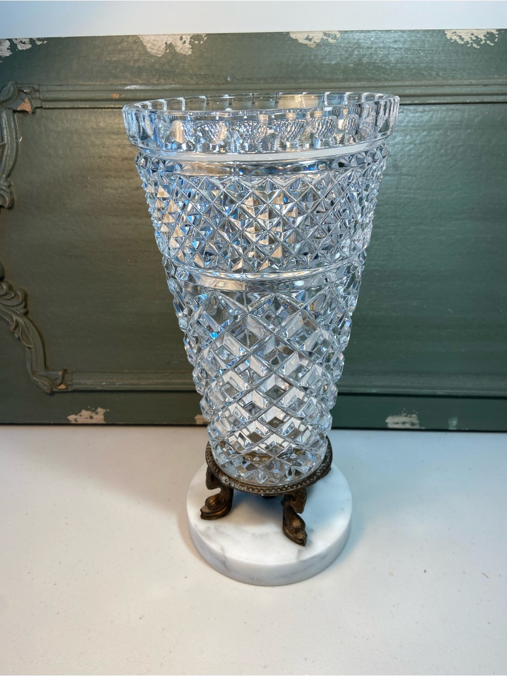 Vintage Clear Diamond-Cut Glass Footed Vase with Marble Base